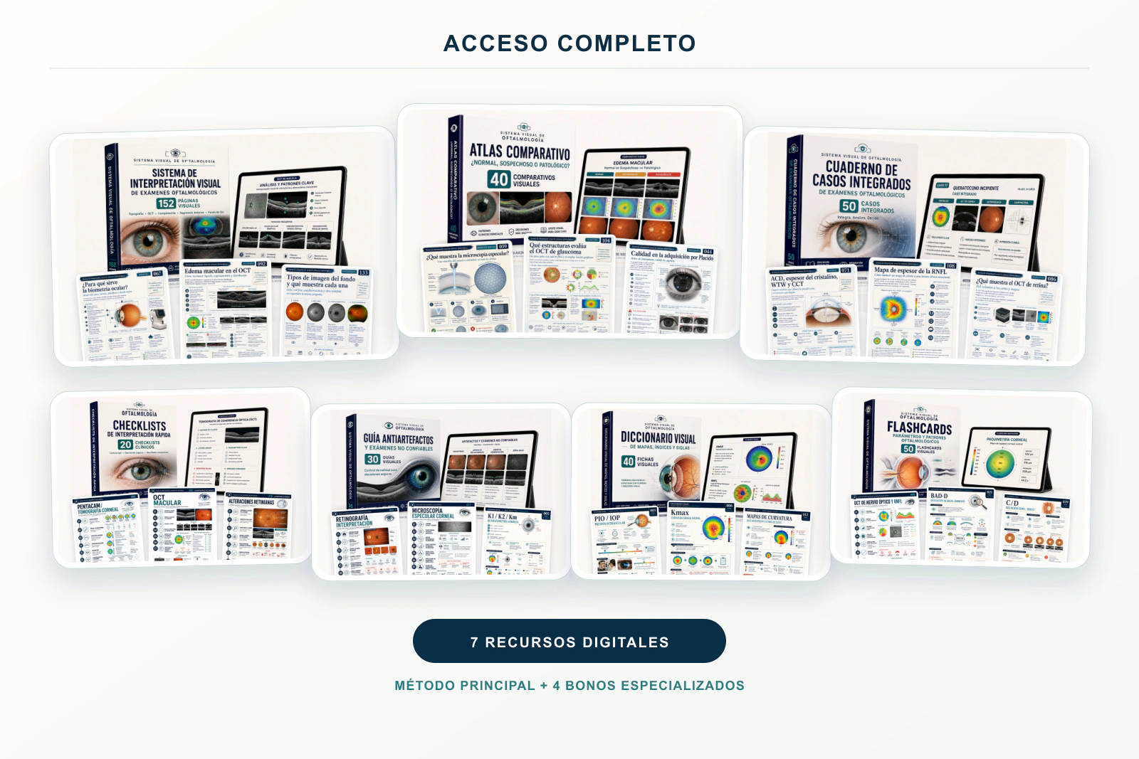 Mockup del acceso completo con tres materiales centrales y cuatro bonos